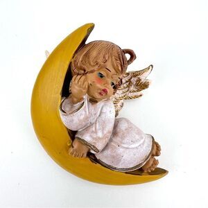 Vtg Sleepy Baby Angel in Crescent Moon Christmas Ornament Made in Italy Resin